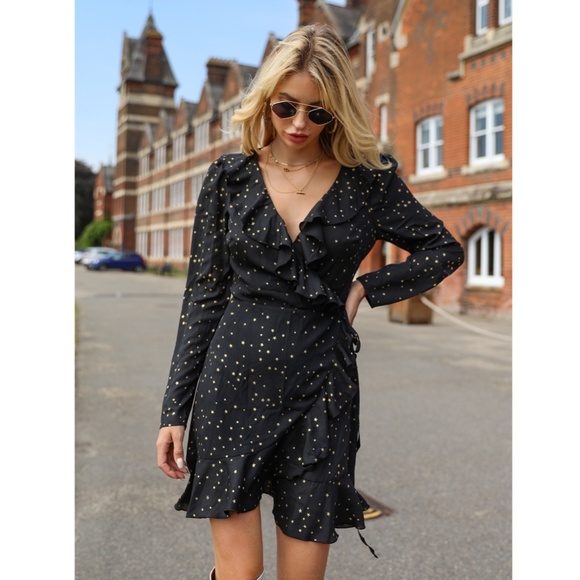 Star Print Ruffle Detail V-Neck Wrap Mini Dress - Picture 4 of 7